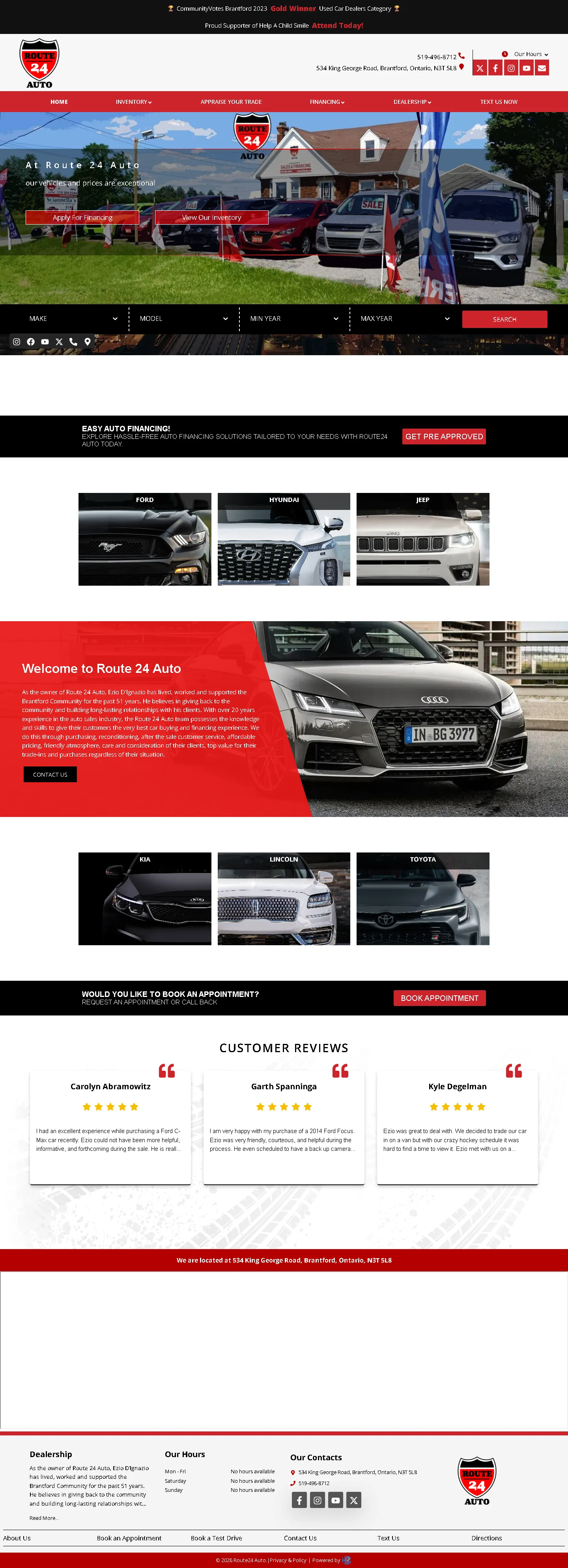 Full-page Route24 Auto website showing inventory discovery, vehicle details, financing and dealership information