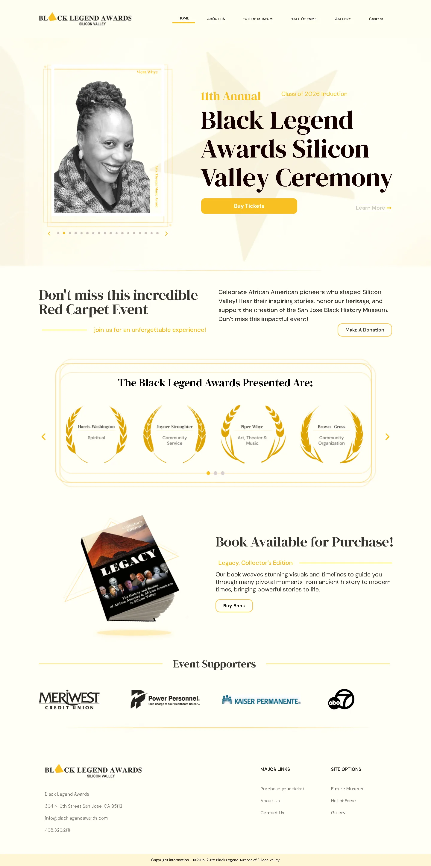 Full-page Black Legends Awards website showing award categories, profiles, event information and calls to participate