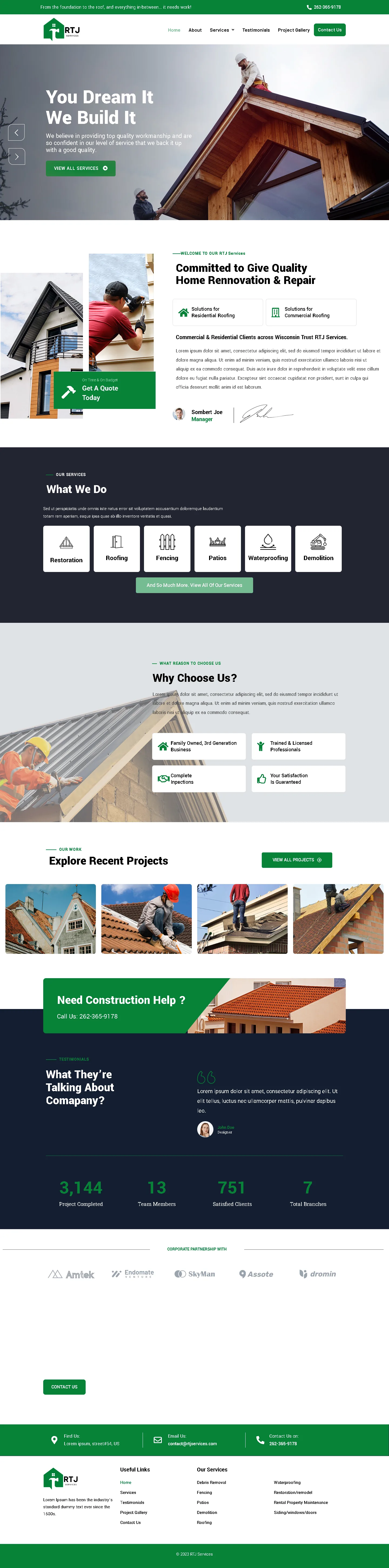 Full-page RTJ Services website showing roofing, restoration, fencing, patios, project work and enquiries