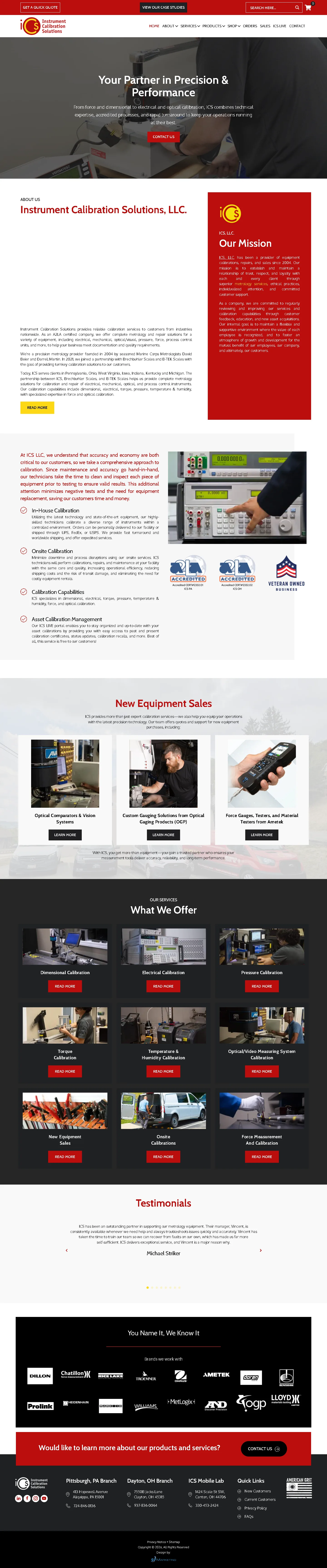 Full-page Instrument Calibration Solutions website showing calibration, certification, maintenance, industries and quality credentials