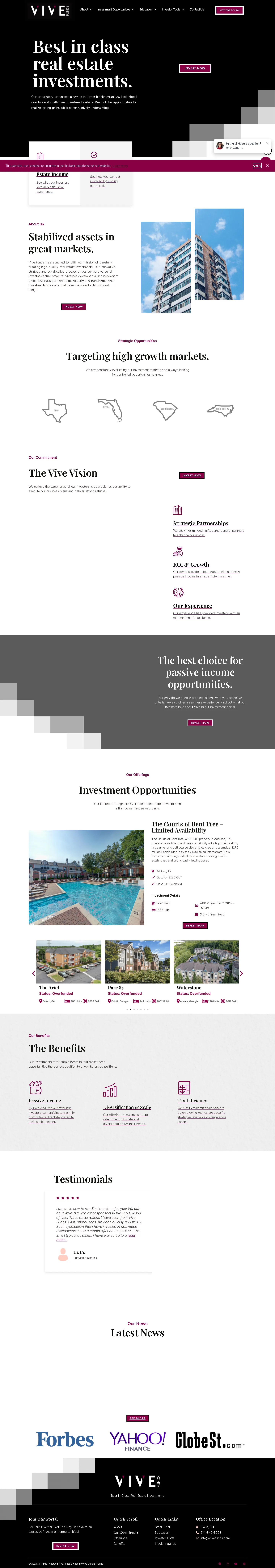 Full-page Vive Funds website showing investment strategy, portfolio context, team credibility and enquiries