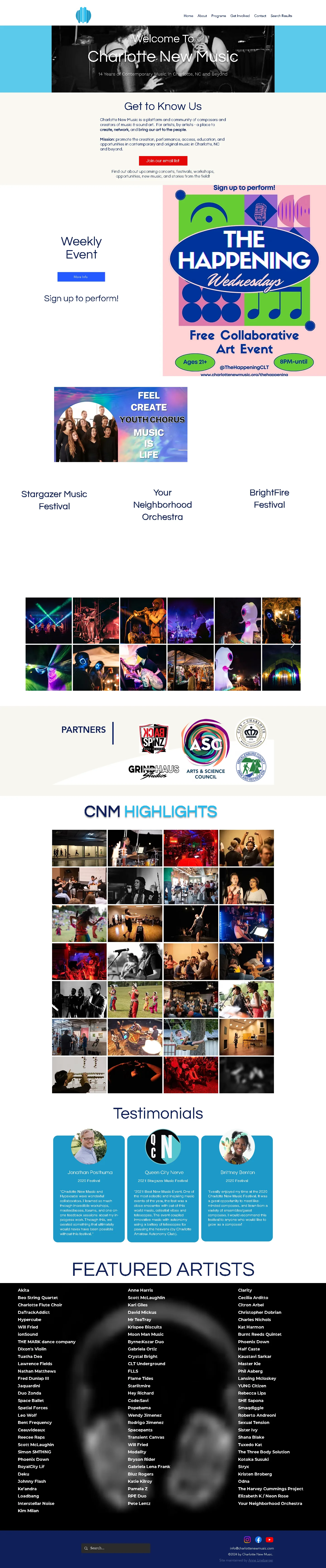 Full-page Charlotte New Music website showing concerts, festivals, education, artist resources and news