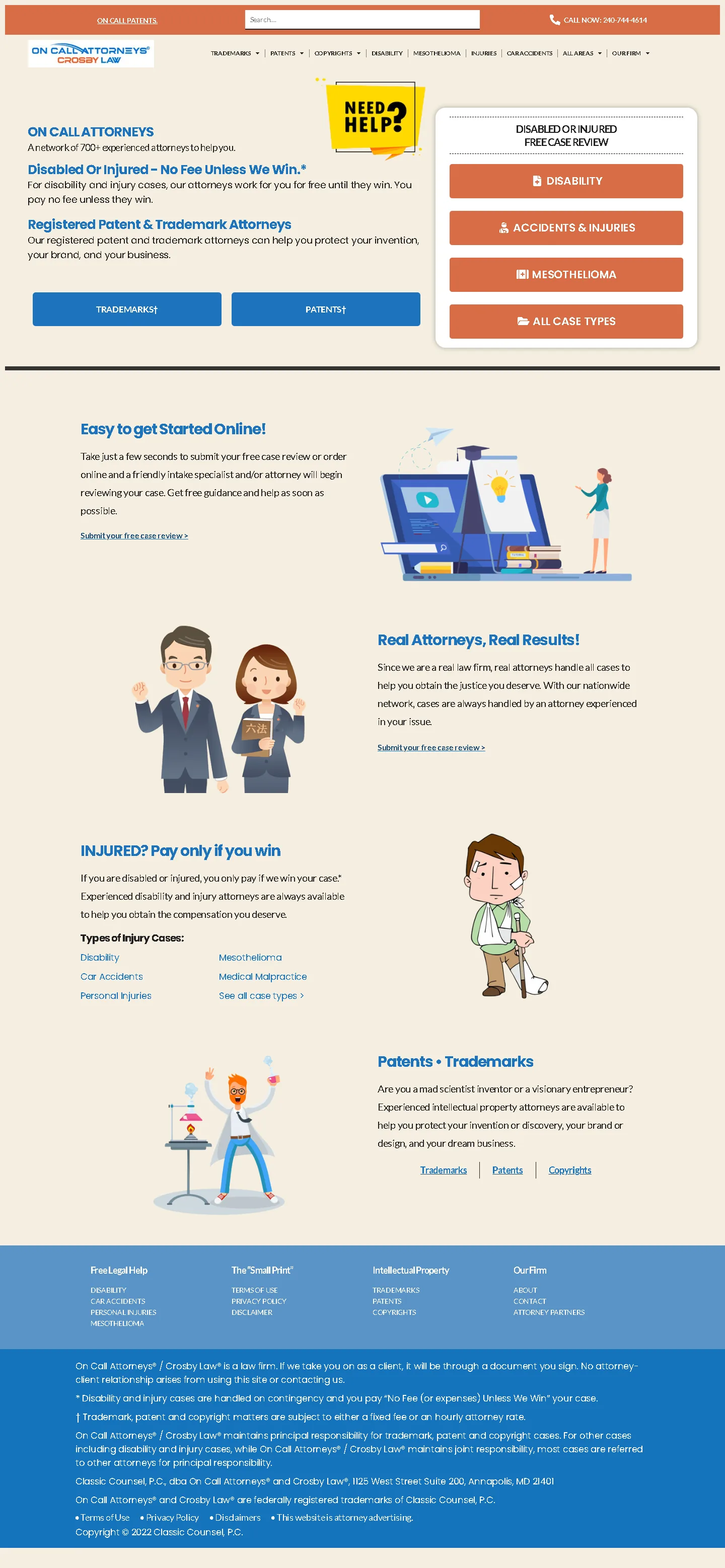 Full-page My On Call Attorneys website showing practice areas, network credibility, process guidance and case enquiries