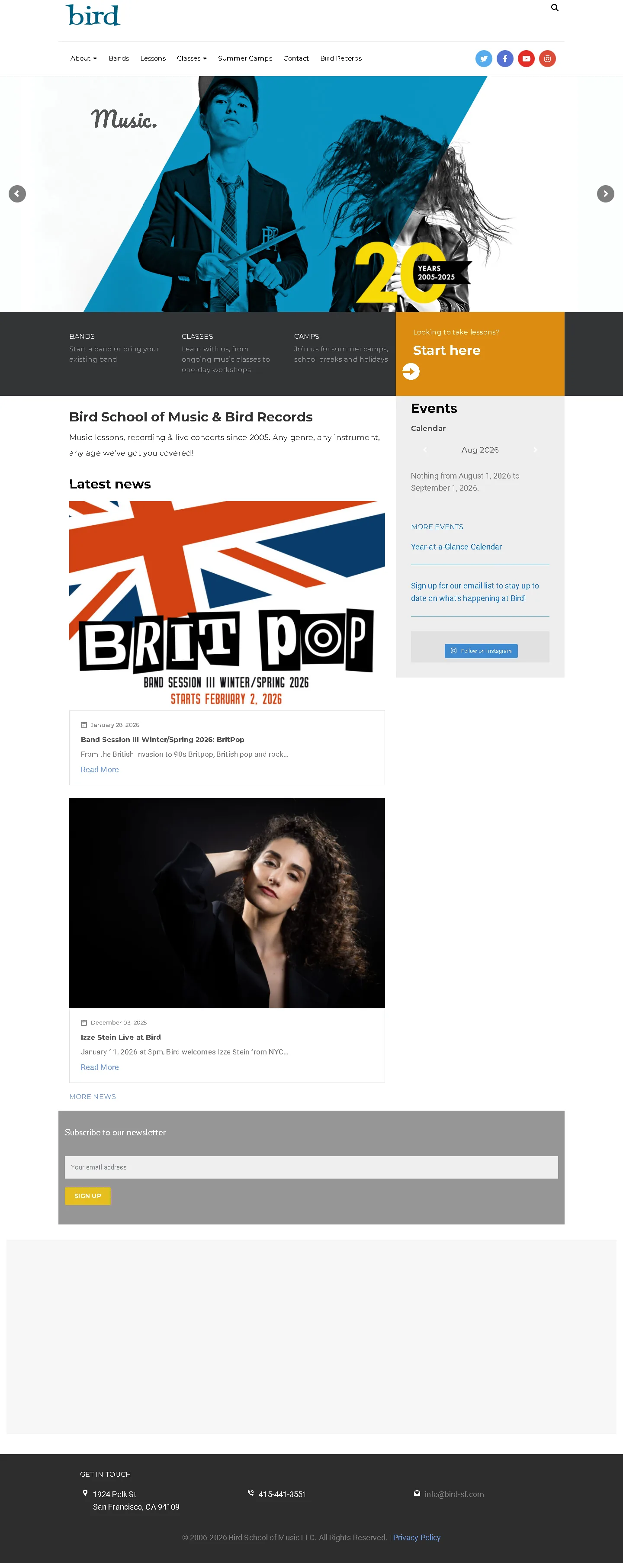 Full-page Bird School of Music website showing lessons, programs, events and community storytelling