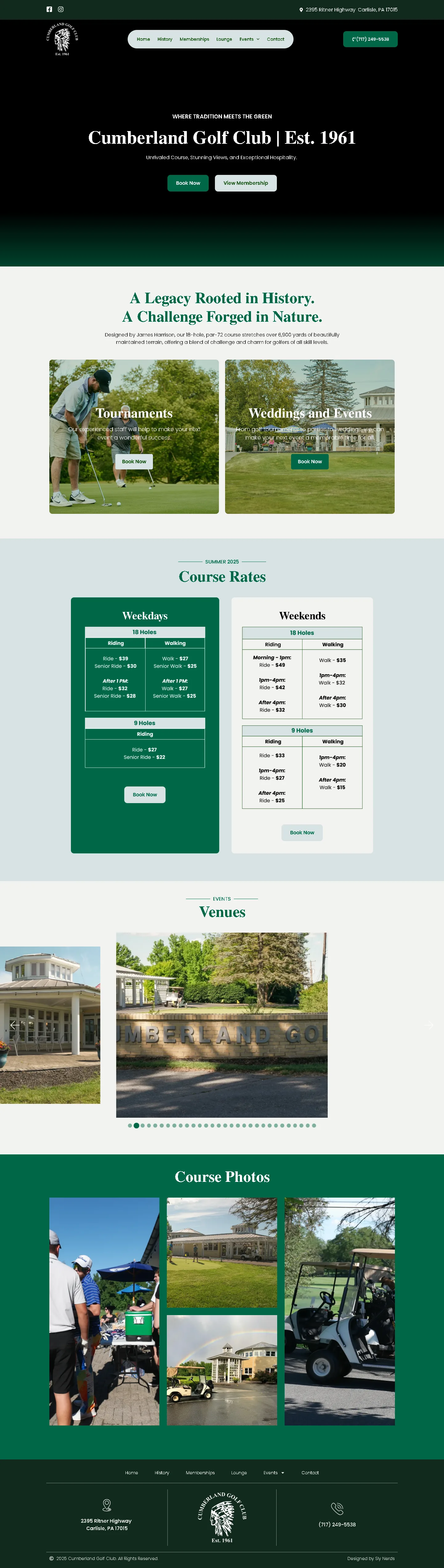 Full-page Cumberland Golf Club website showing course information, events, facilities and booking pathways
