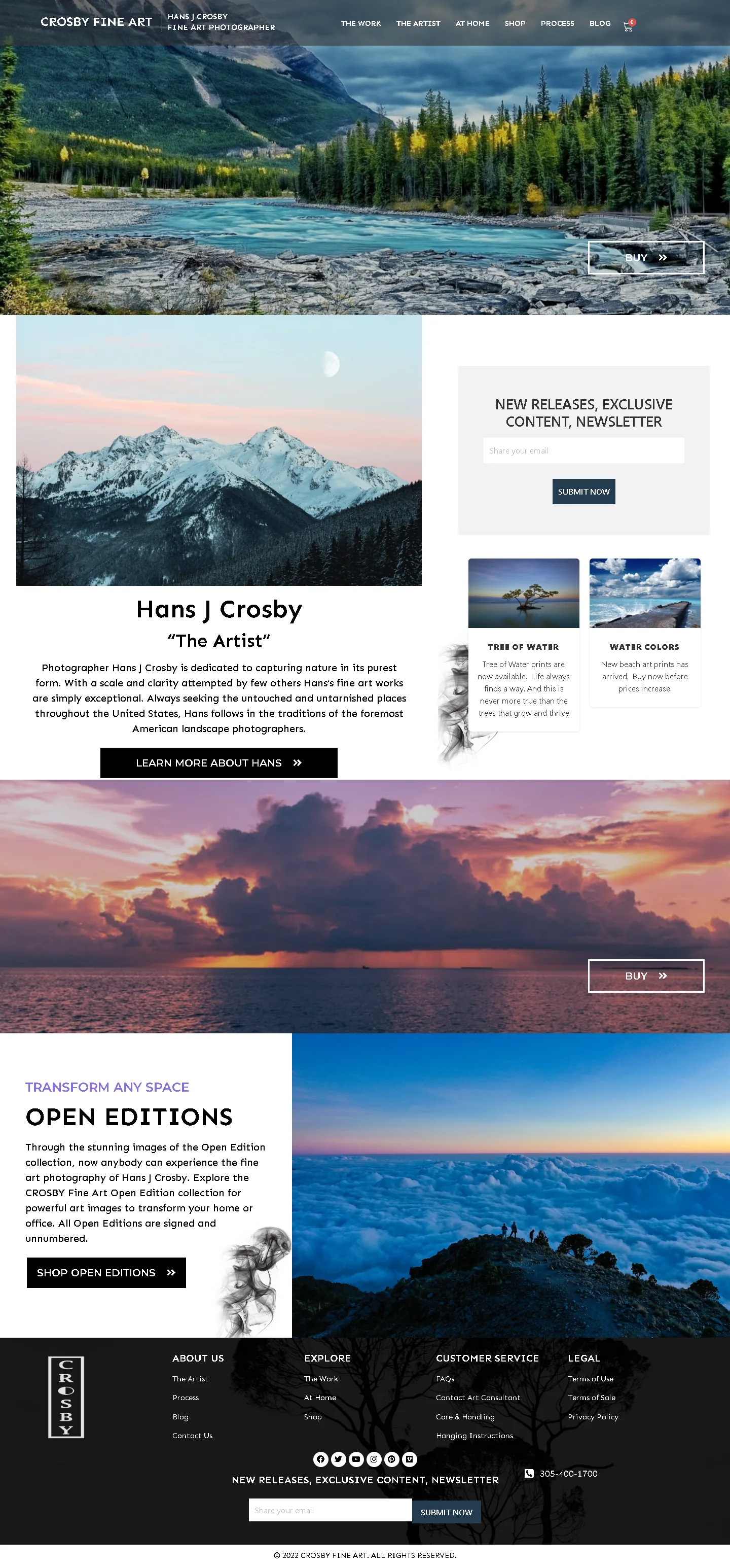 Full-page Crosby Fine Art website showing image-led collections, artist context and enquiry pathways