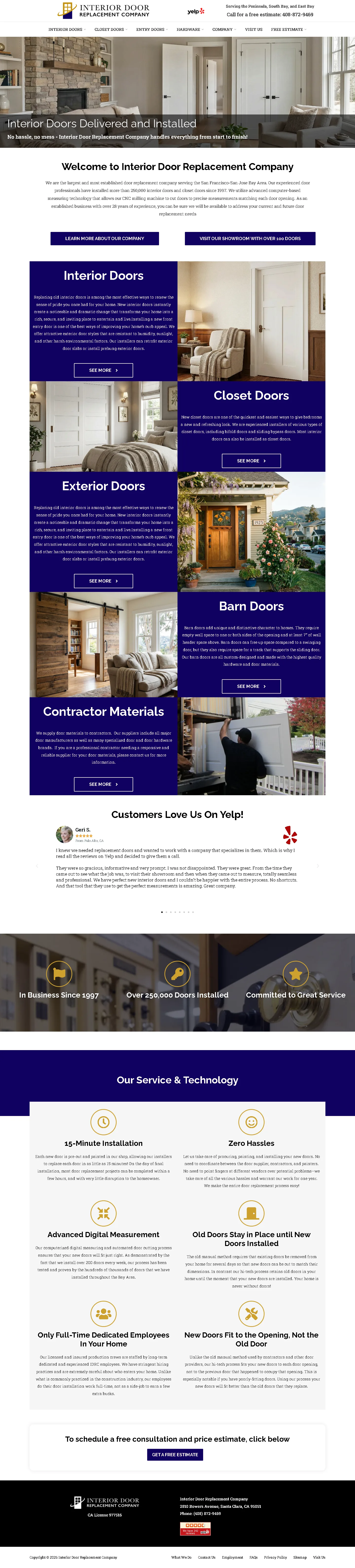 Full-page Interior Door Replacement Company website showing interior doors, closet systems, installation process and consultations