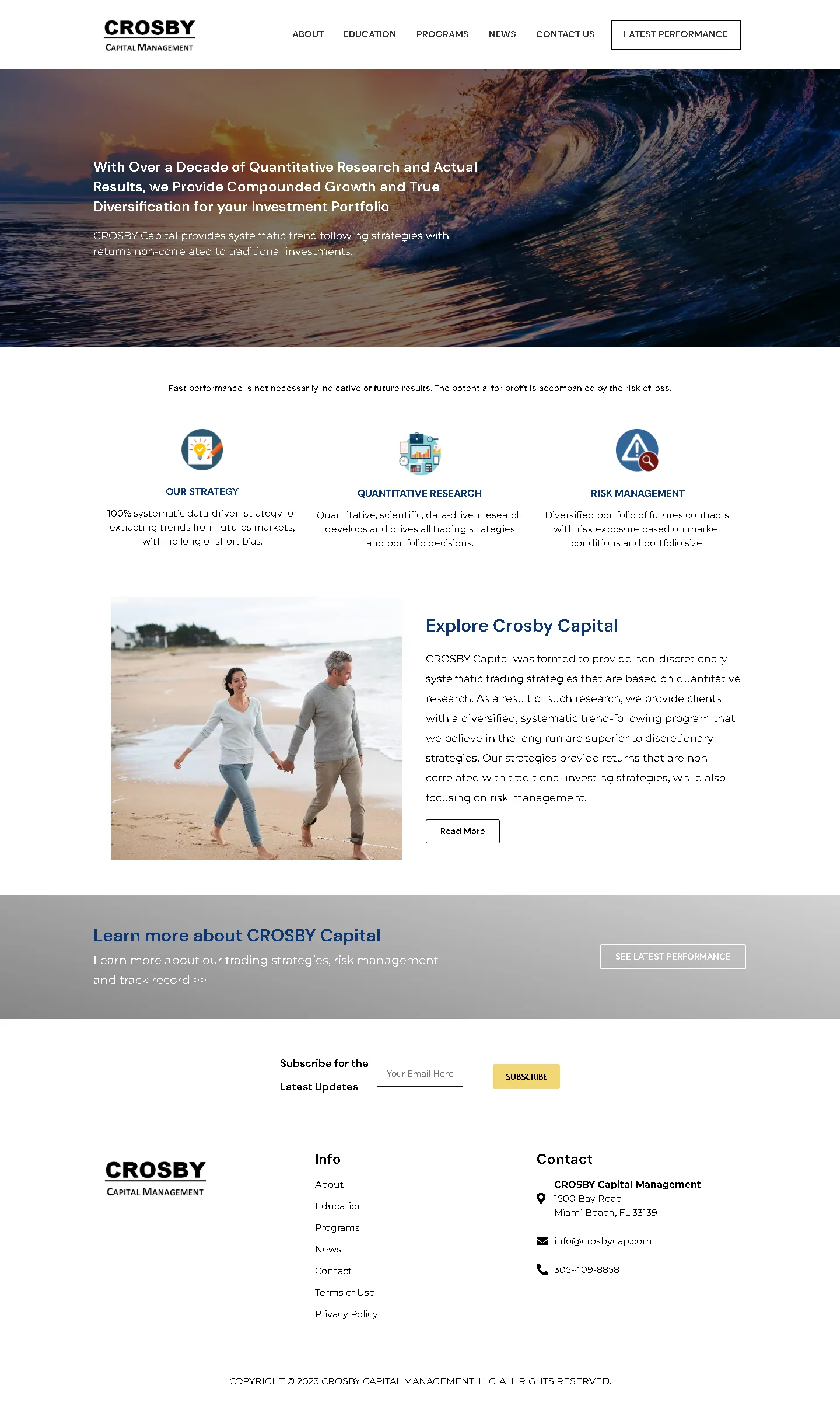 Full-page Crosby Capital website showing investment focus, team credibility and direct contact pathways