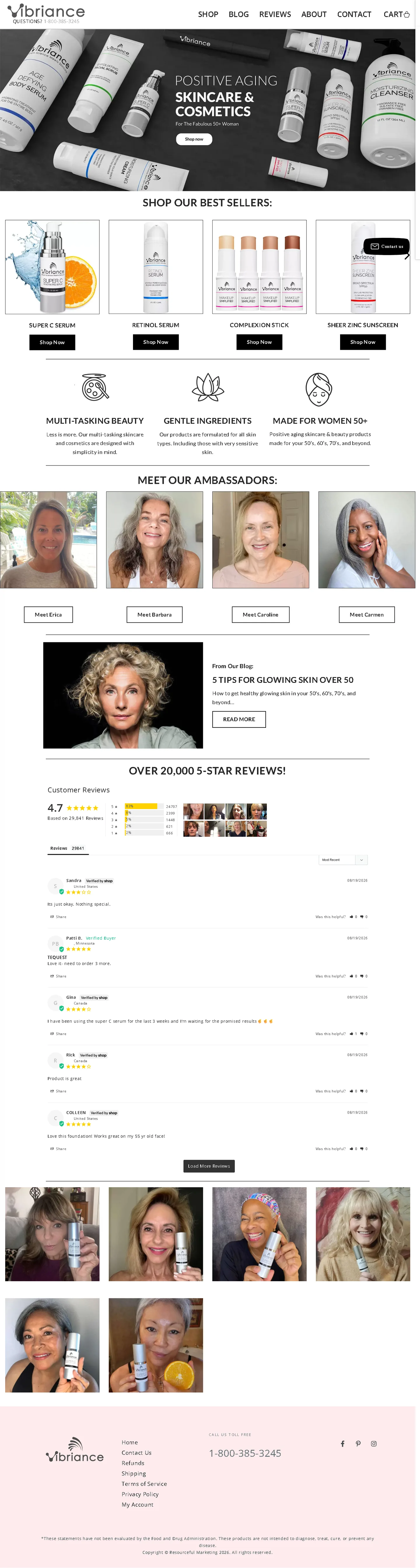 Full-page Vibriance website showing product education, routines, reviews, offers and ecommerce journeys