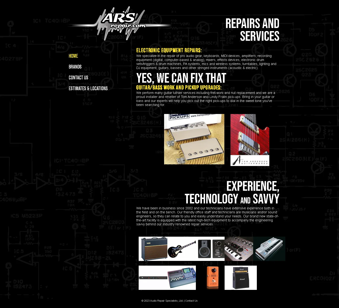 Full-page ARS Repair website showing service expertise, equipment coverage and contact options