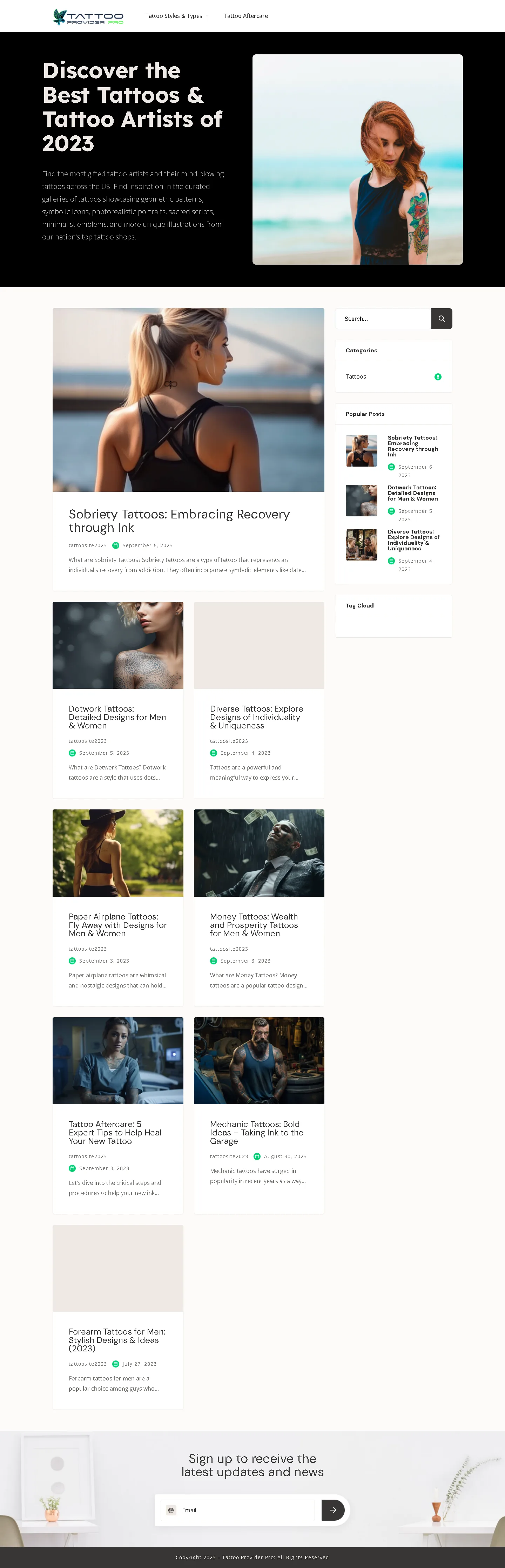 Full-page Tattoo Provider Pro website showing style discovery, artist visibility, editorial content and browsing paths