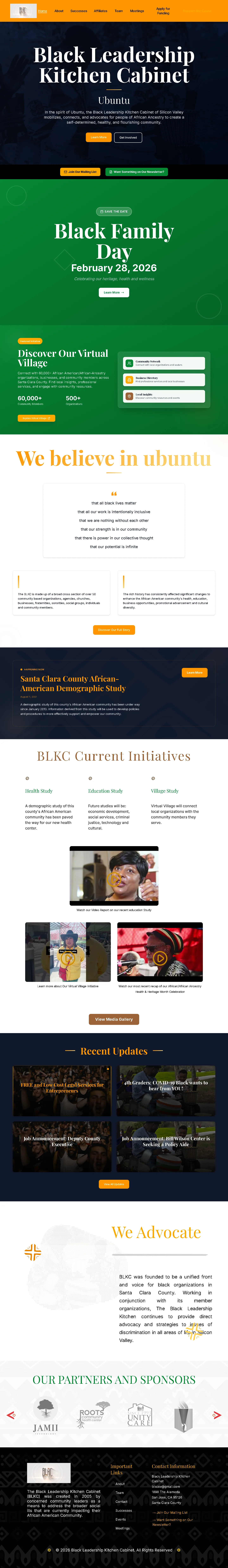 Full-page Black Leadership Kitchen Cabinet website showing mission, advocacy, programs, events and community resources