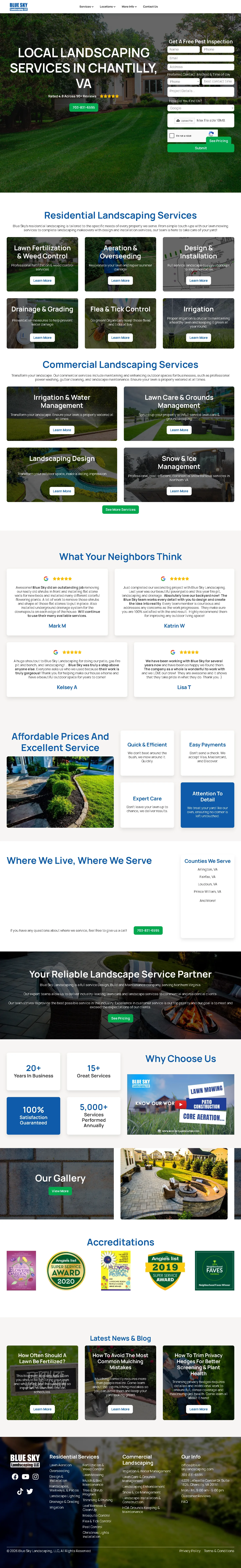Full-page Blue Sky Landscaping website showing lawn care, irrigation, landscape installation and service-area coverage