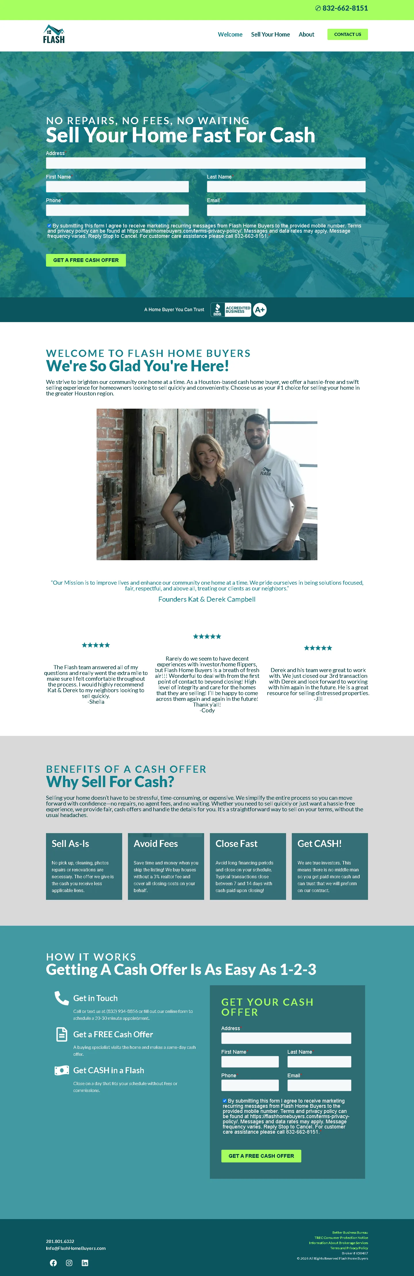 Full-page Flash Home Buyers website showing process clarity, trust signals, seller benefits and lead capture