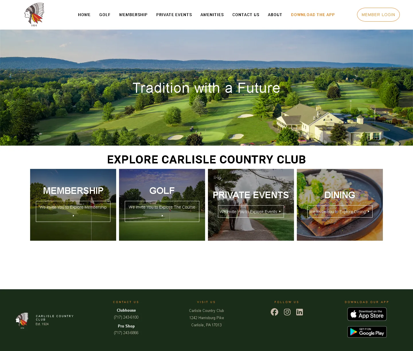 Full-page Carlisle Country Club website showing course information, amenities, social experiences and membership