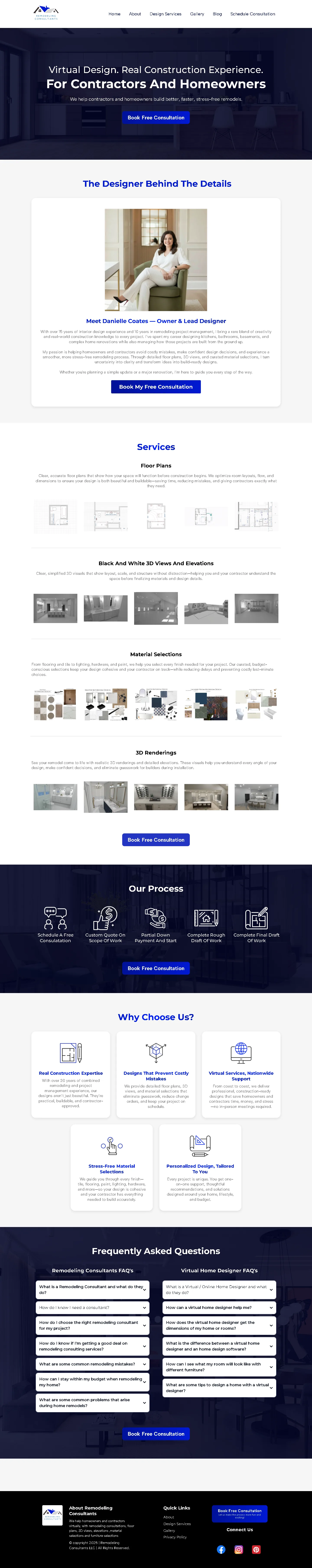Full-page Remodeling Consultants website showing floor plans, 3D views, material selections and project guidance