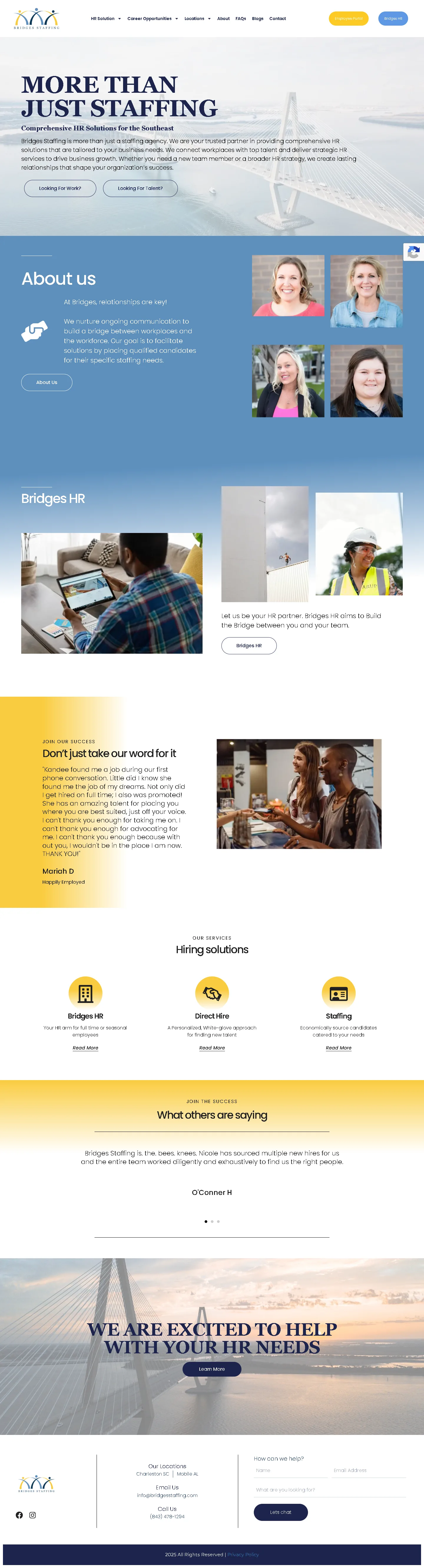 Full-page Bridges Staffing website showing staffing solutions, candidate pathways, locations and employer enquiries