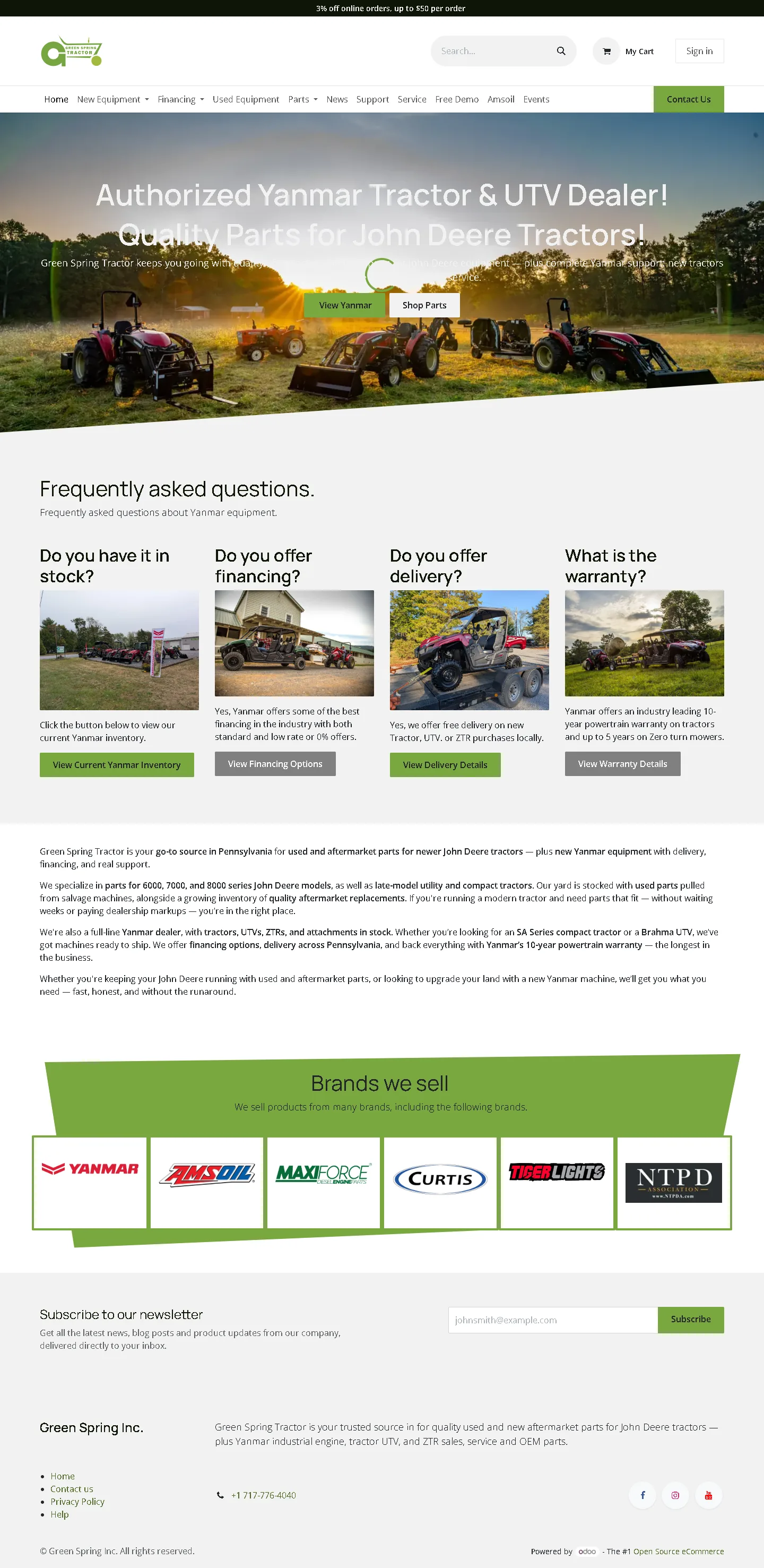 Full-page Green Spring Tractor website showing parts discovery, Yanmar products, service information and nationwide fulfilment