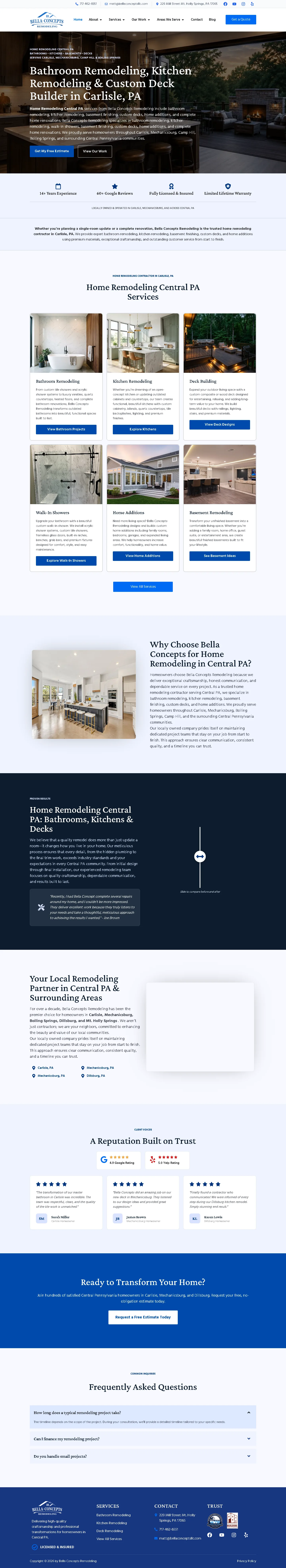 Full-page Bella Concepts website showing kitchens, bathrooms, additions, project galleries and estimates