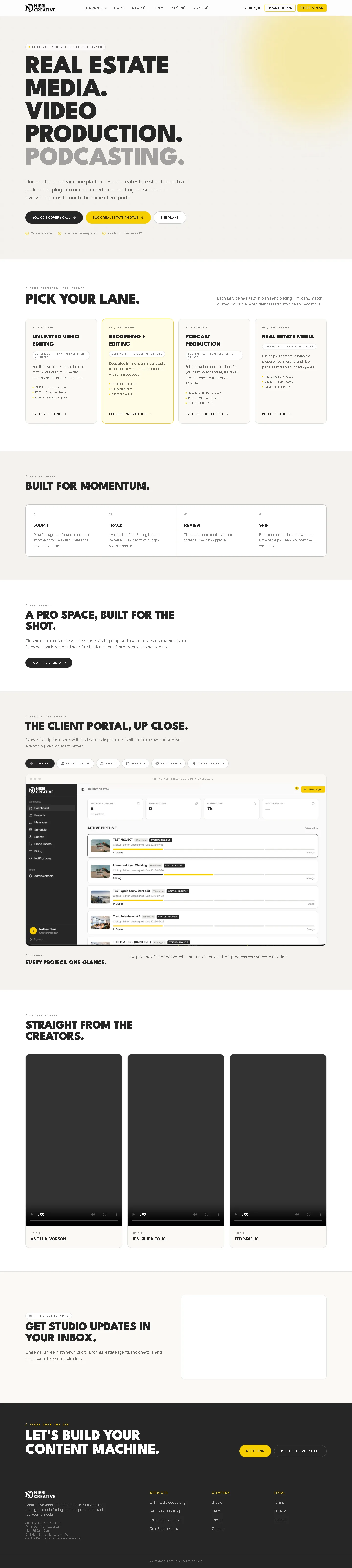 Full-page Nieri Creative website showing photography, video, floor plans, drone media and portfolio work