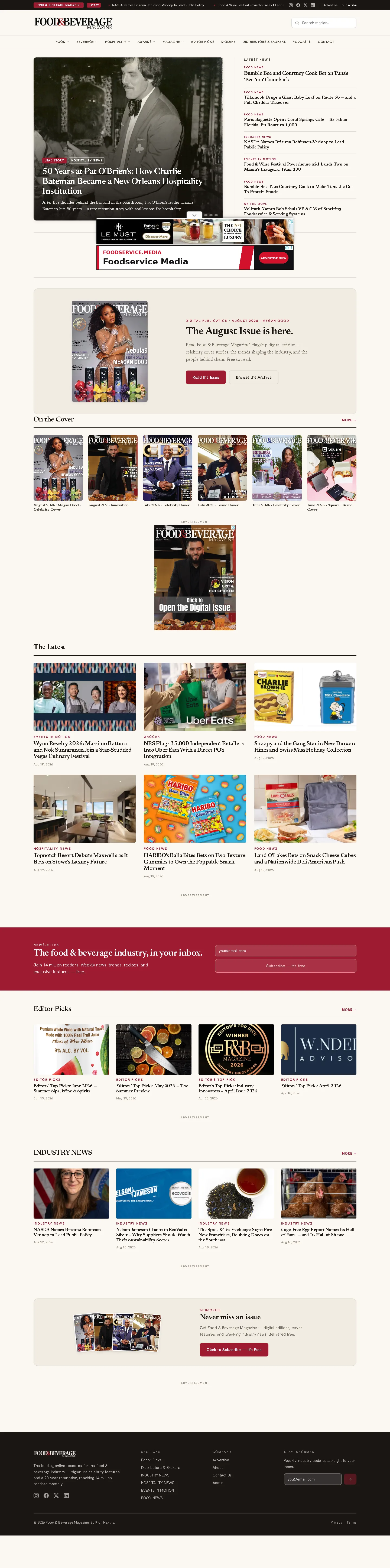 Full-page Food & Beverage Magazine website showing editorial categories, article discovery, advertising and audience engagement