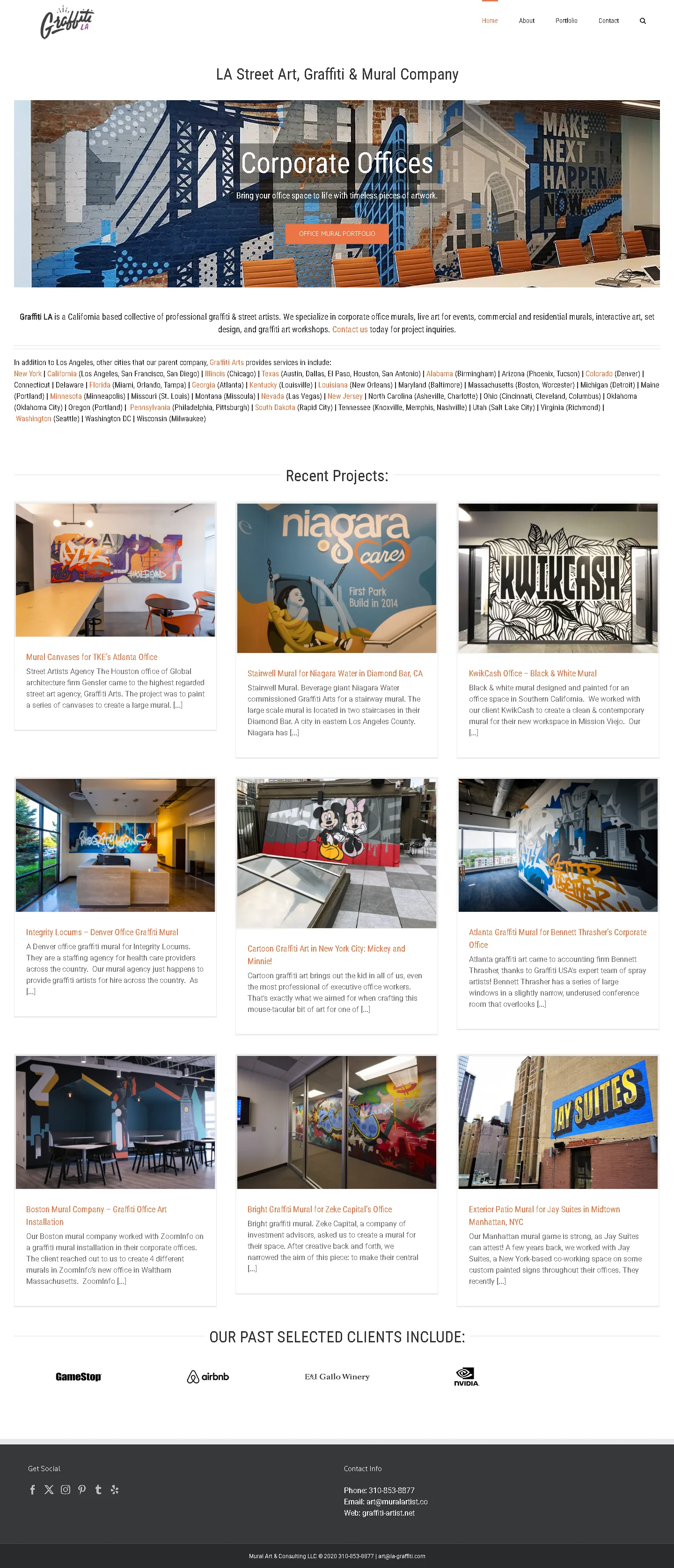 Full-page Graffiti LA website showing murals, live painting, branded activations, artist work and enquiries